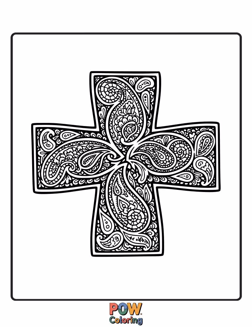 Free coloring page of A unique cross adorned with intricate paisley patterns, offering a creative and visually captivating design.