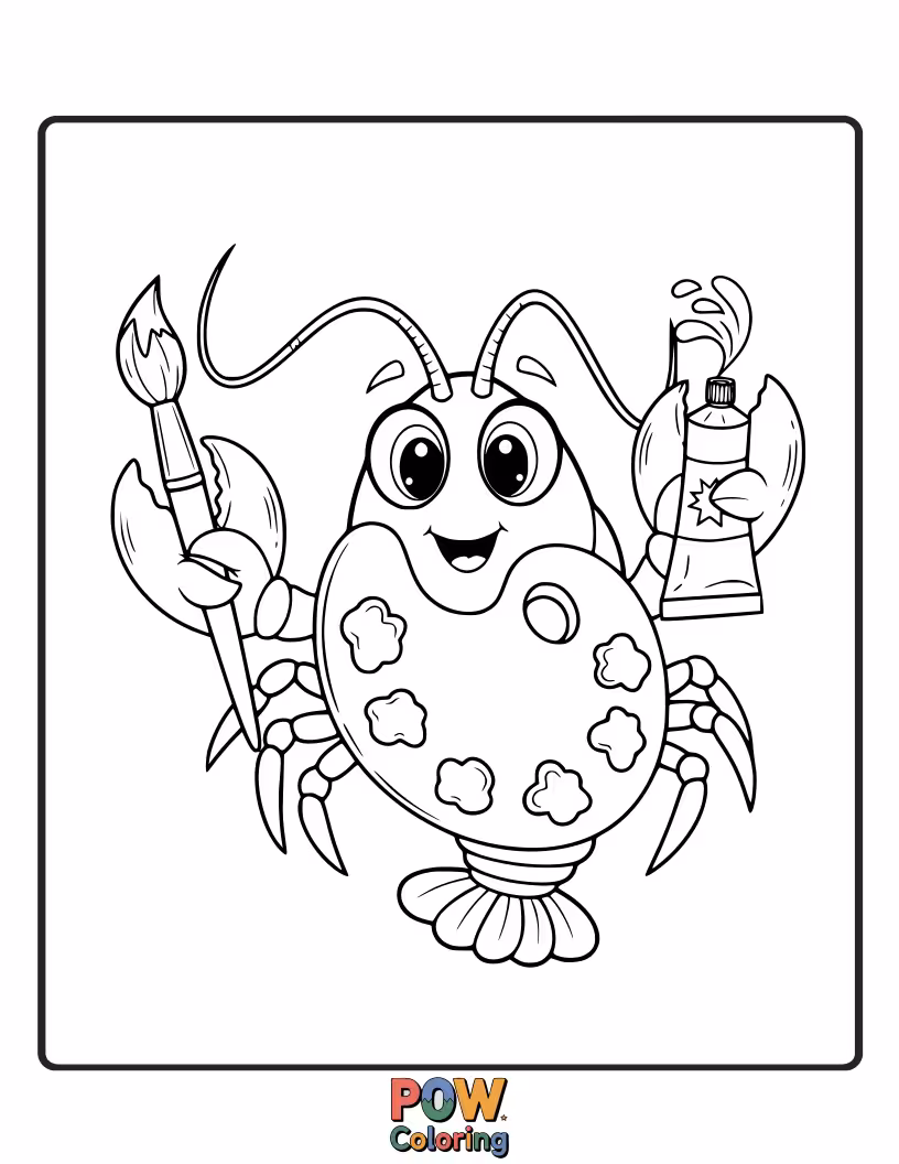 Free coloring page of A creative lobster splattered with paint, holding a brush, inspired by the vibrant colors of the ocean.