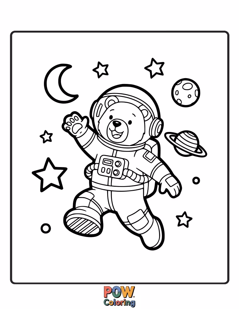 Free coloring page of A fluffy bear astronaut takes a giant leap on the moon, planting a tiny flag with honey.