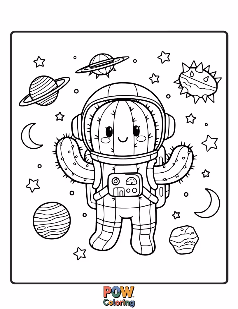Free coloring page of A resilient cactus astronaut floats in space, its spines sparkling with stardust.