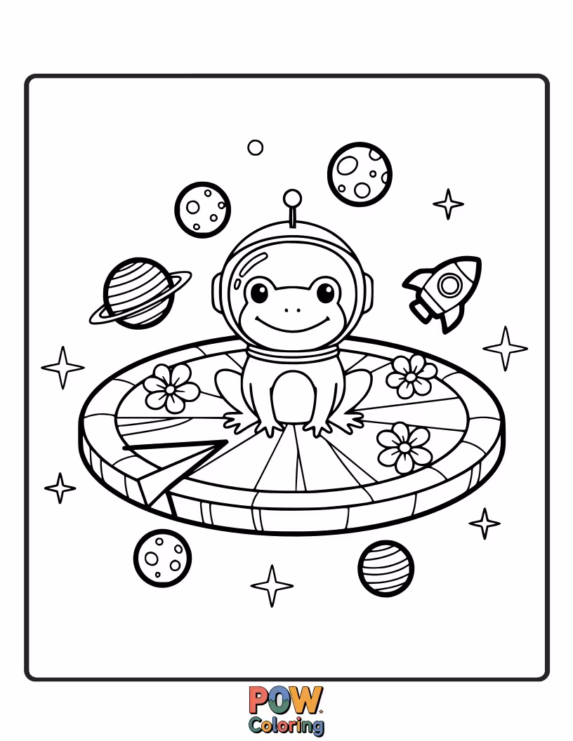 Free coloring page of A frog astronaut relaxes on a giant lily pad floating among the stars.