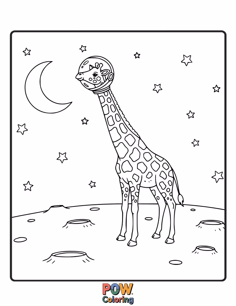 Free coloring page of A tall giraffe astronaut reaches for a twinkling star, its long neck stretching to the cosmos.