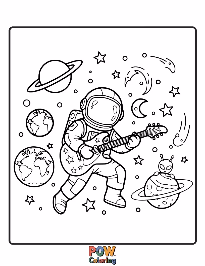 Free coloring page of A cool astronaut playing a guitar serenades the stars with a galactic melody.