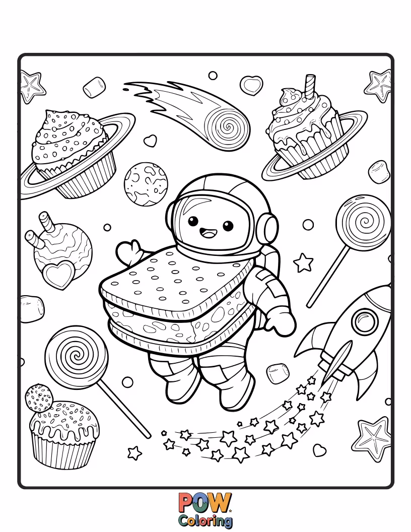 Free coloring page of A melting ice cream cone astronaut floats joyfully in a galaxy of sprinkles.