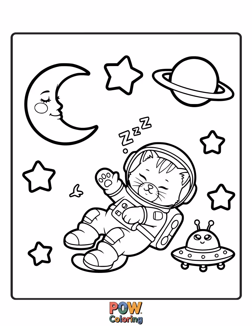 Free coloring page of A tiny kitten astronaut snoozes peacefully in a nebula cloud, dreaming of chasing comets.