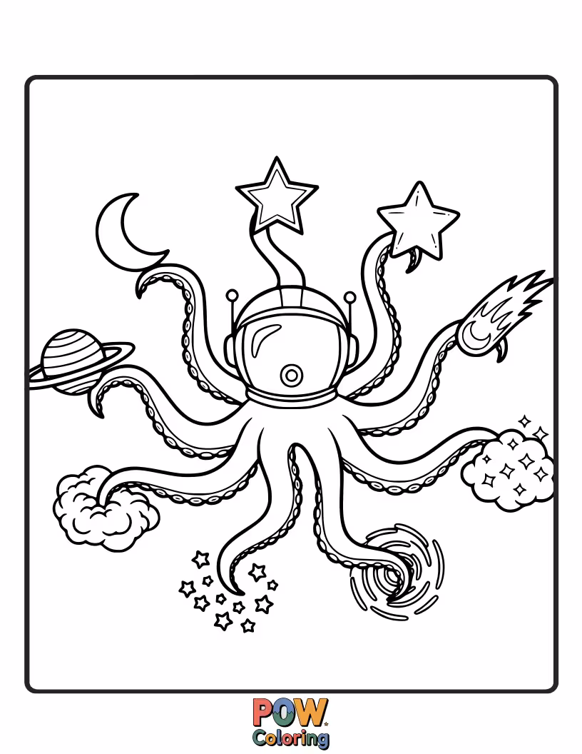 Free coloring page of An adventurous octopus astronaut uses its many tentacles to explore a galaxy.