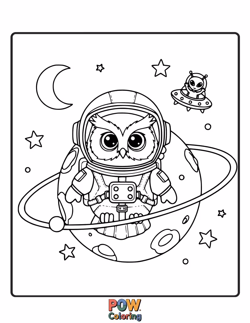 Free coloring page of A wise owl astronaut observes the universe from its perch on a crescent moon.