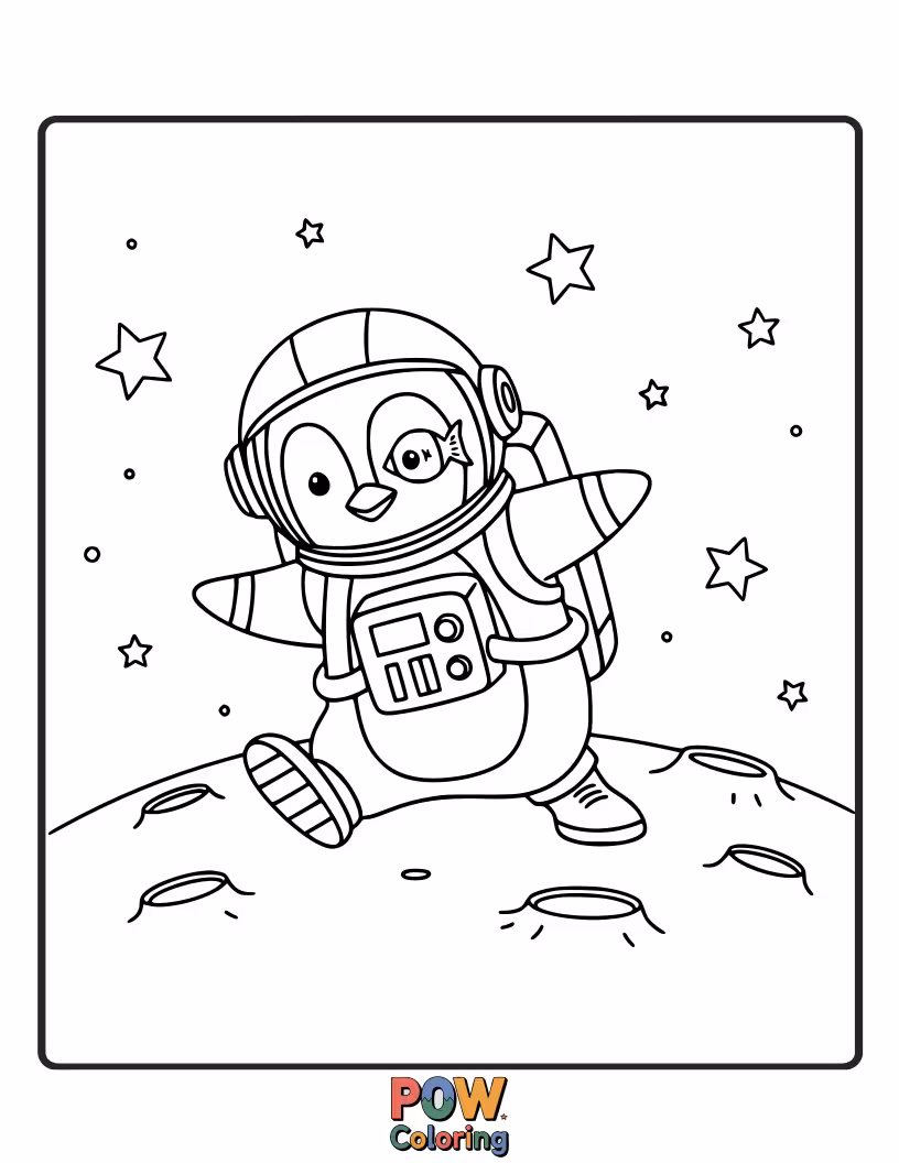 Free coloring page of A cool penguin astronaut performs an epic moonwalk dance on the lunar surface.