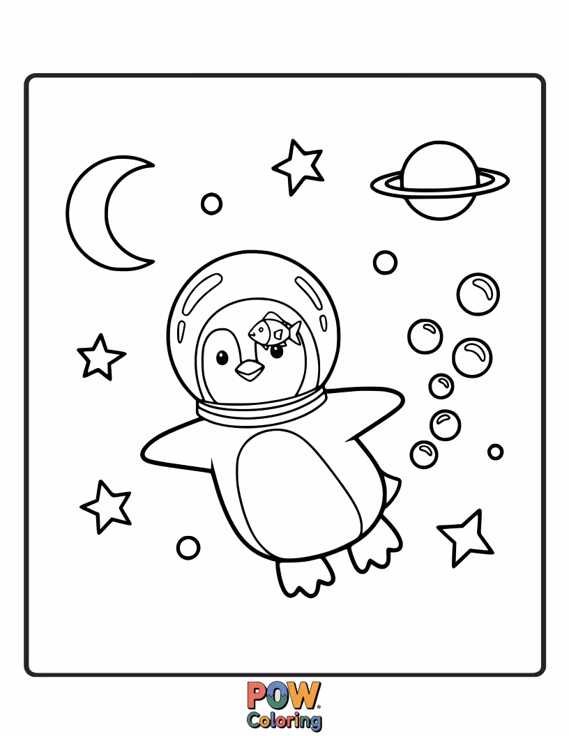 Free coloring page of A dapper penguin astronaut glides through space, leaving a trail of icy stardust.