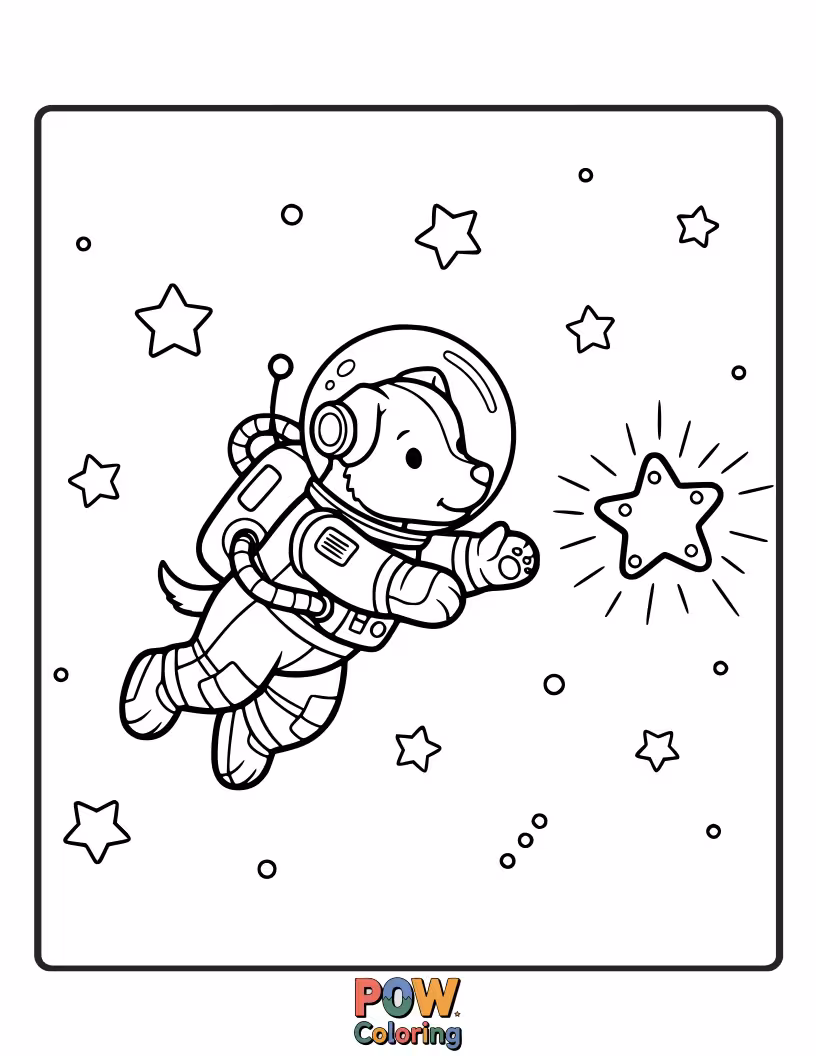 Free coloring page of A playful puppy astronaut tosses a starry bone in zero gravity, chasing it with glee.