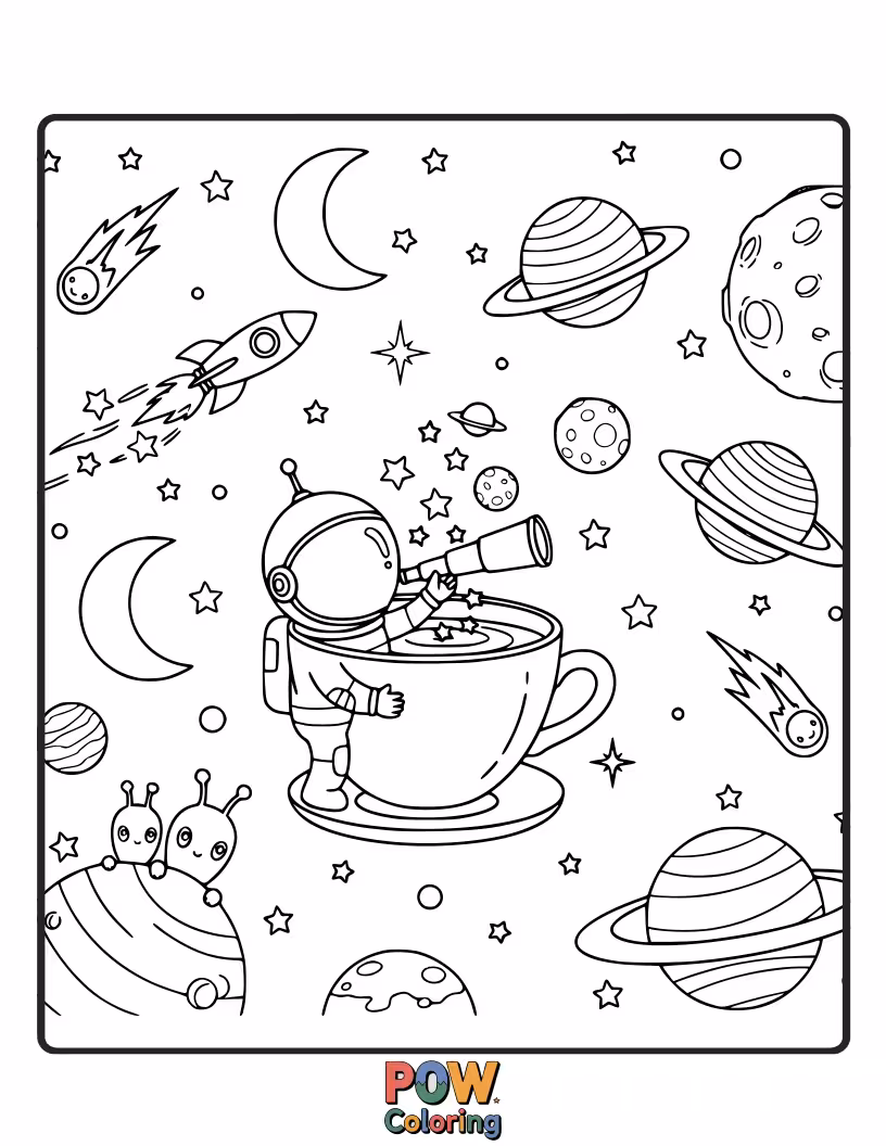 Free coloring page of A charming teacup astronaut drifts peacefully in a warm, starry nebula.