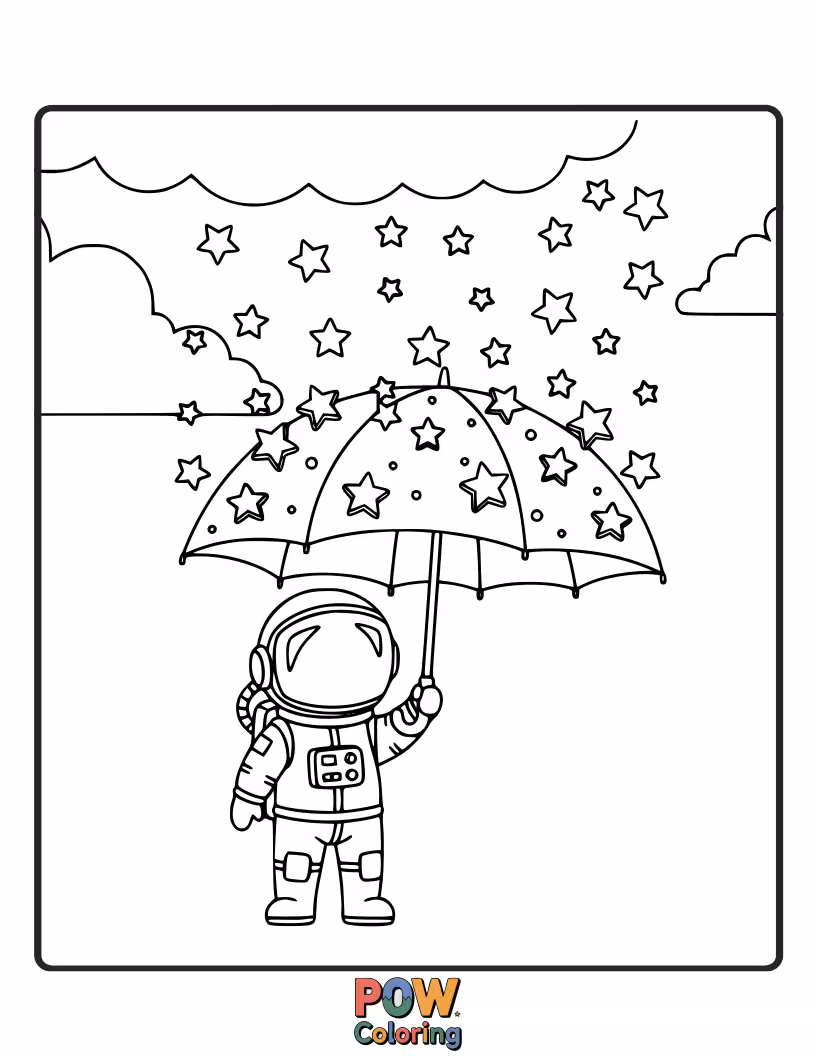 Free coloring page of An astronaut holding an umbrella shelters from a gentle shower of twinkling stars.