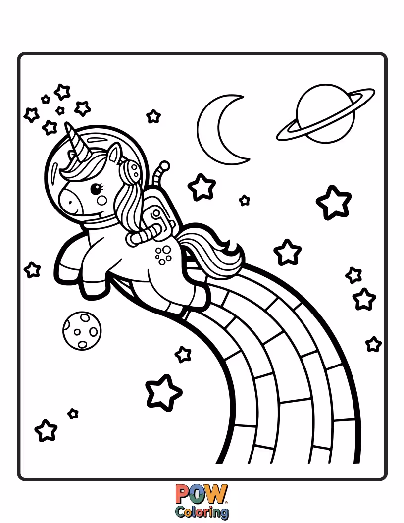 Free coloring page of A majestic unicorn astronaut gallops on a path of rainbow light across the universe.