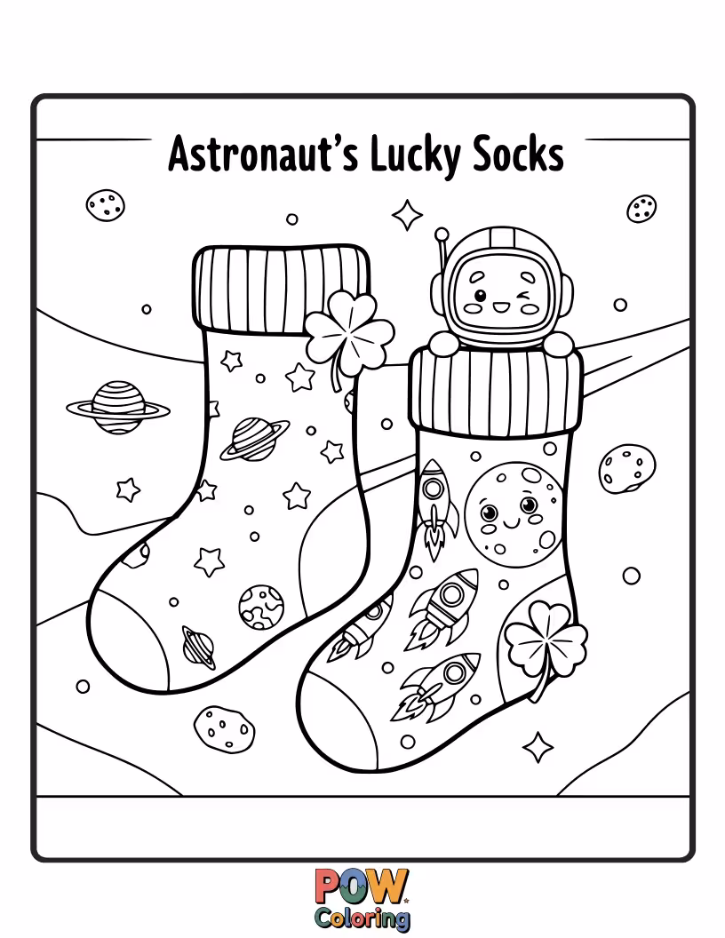 Free coloring page of Blast off into coloring fun with these space-themed socks, featuring planets, stars, and a cheerful astronaut helmet.