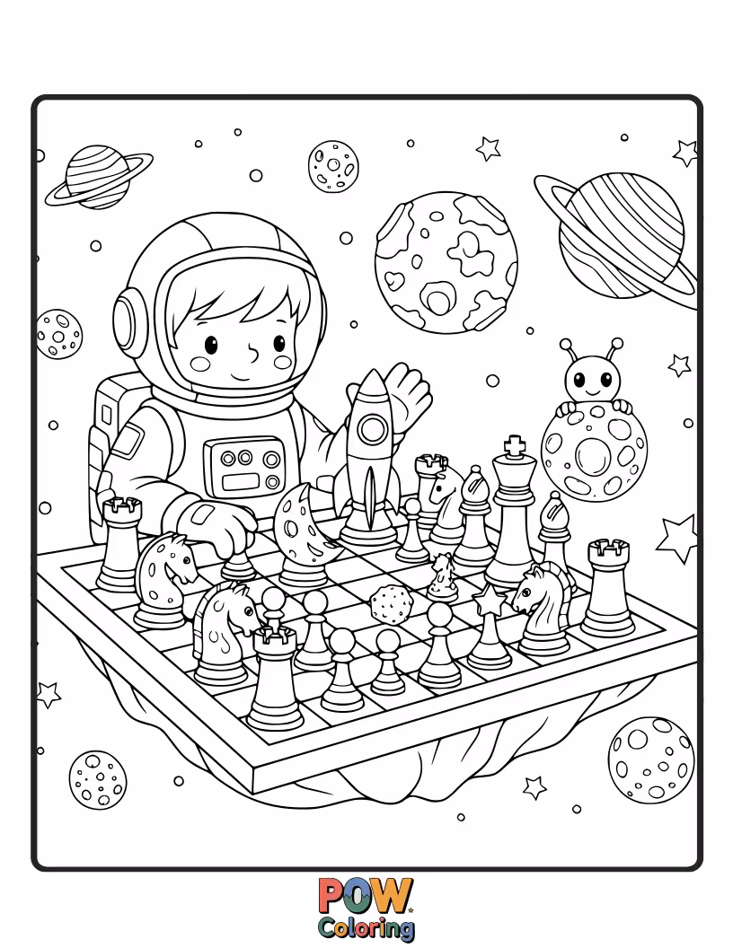 Free coloring page of An astronaut floating in space, playing chess with an alien on a gravity-defying, moon-rock board.