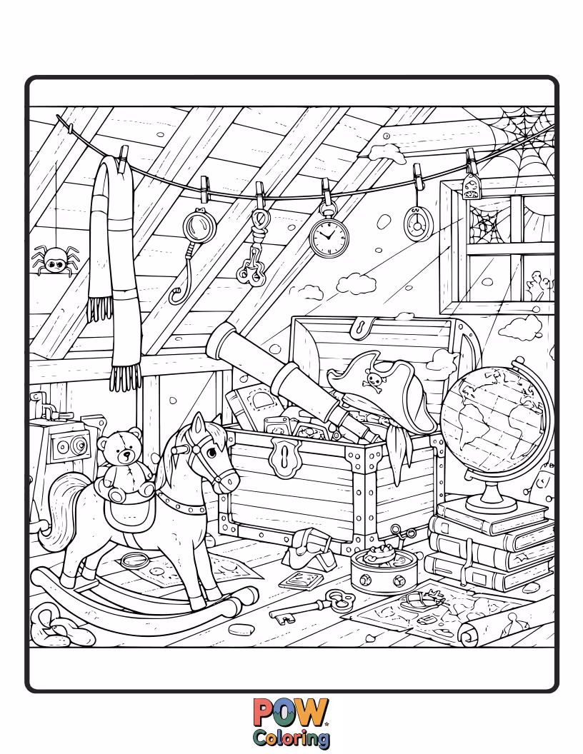 Free coloring page of A dusty attic filled with forgotten treasures like old trunks, a rocking horse, and a spiderweb. Full of mystery!