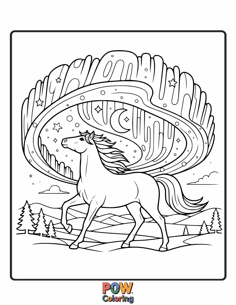 Free coloring page of A horse silhouetted against a vibrant display of the Northern Lights, with swirling colors.