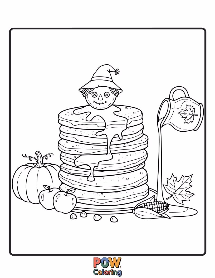 Free coloring page of Warm, golden pancakes topped with colorful fall leaves, acorns, and a friendly squirrel enjoying a bite.
