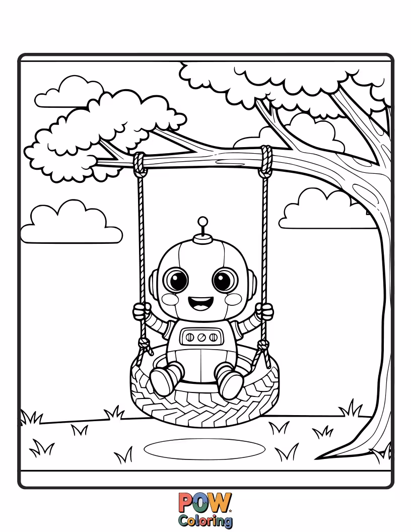 Free coloring page of A cute little robot with blinking lights gleefully swings on a swing made of gears and wires.