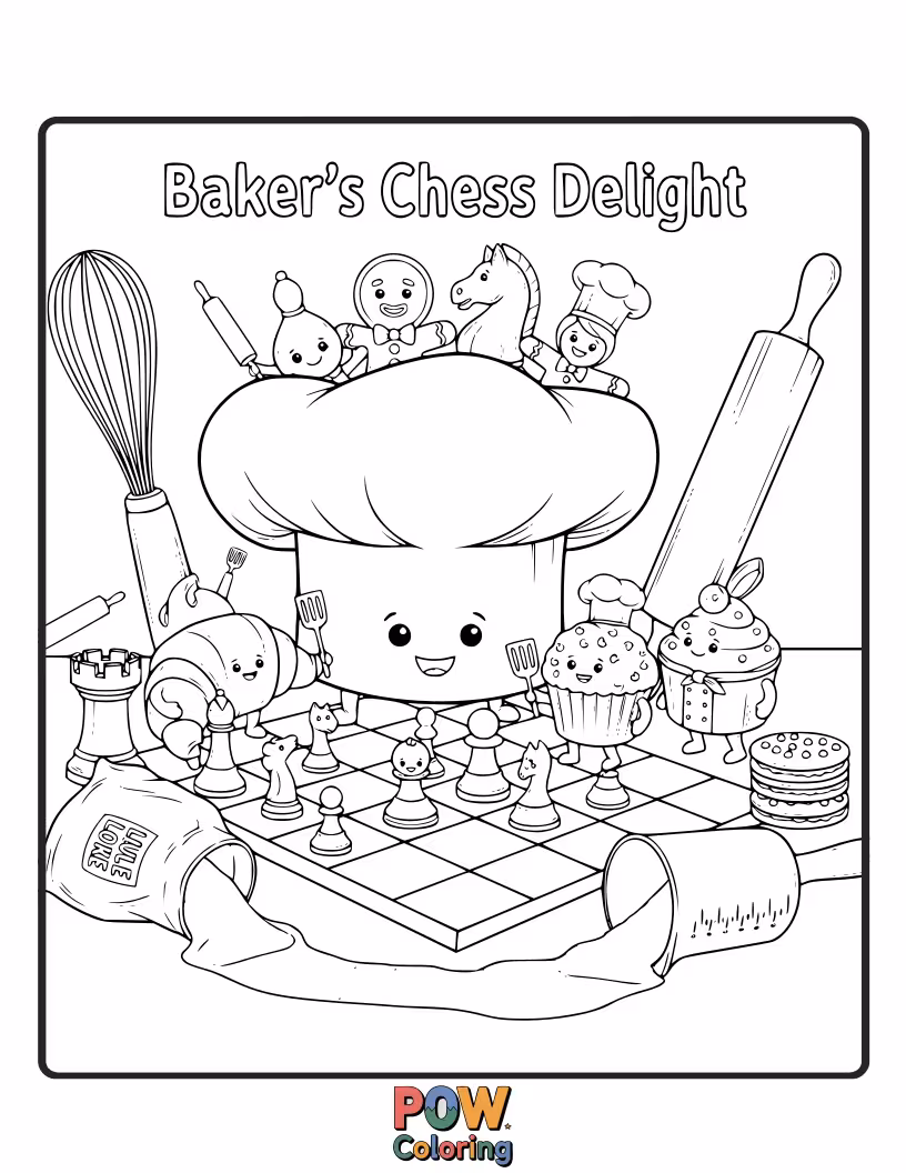 Free coloring page of Chess pieces fashioned from delicious-looking cookies and cakes, arranged on a frosting-covered board.