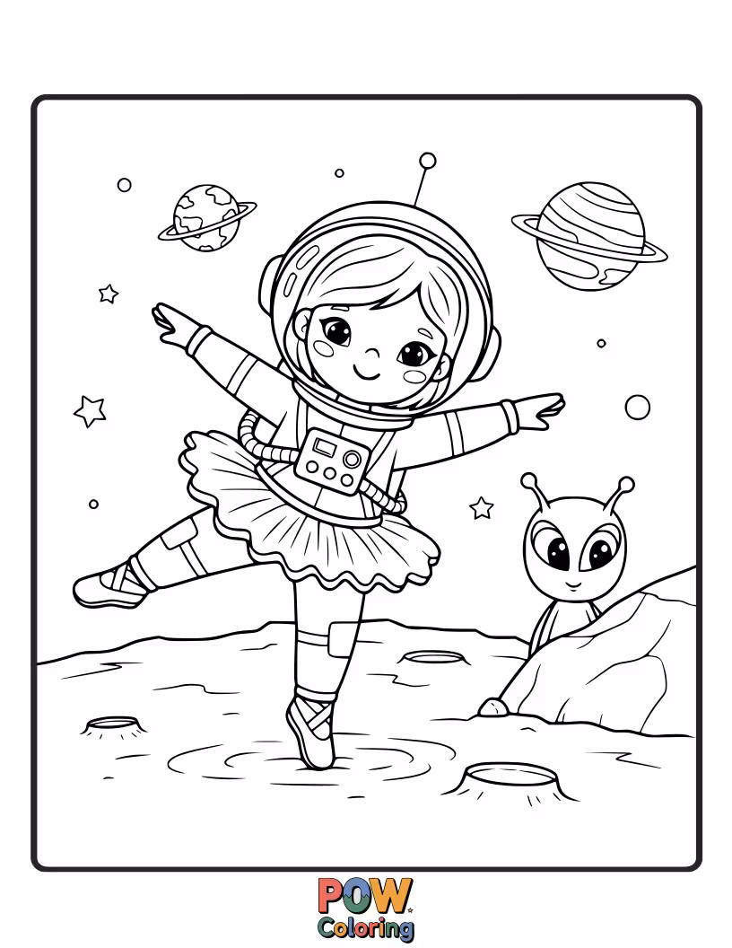 Free coloring page of A brave ballerina floats in space, performing a pirouette among stars and planets, a unique space ballet.