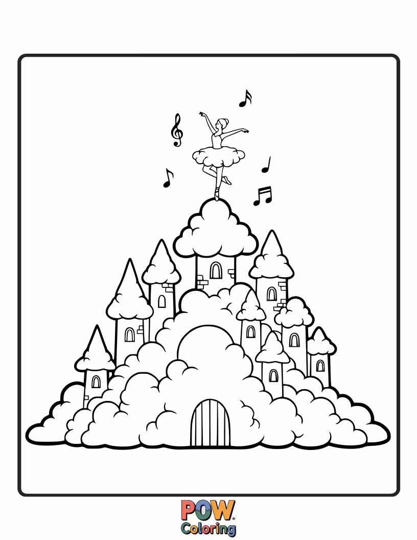 Free coloring page of A ballerina dances on a fluffy cloud, a dreamlike castle her majestic stage in the sky.