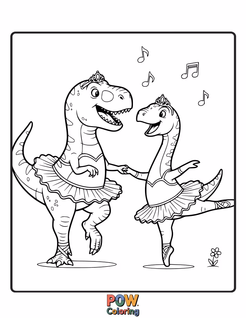 Free coloring page of A surprisingly delicate ballerina dances a duet with a gentle, friendly dinosaur, an unlikely but cute pairing.