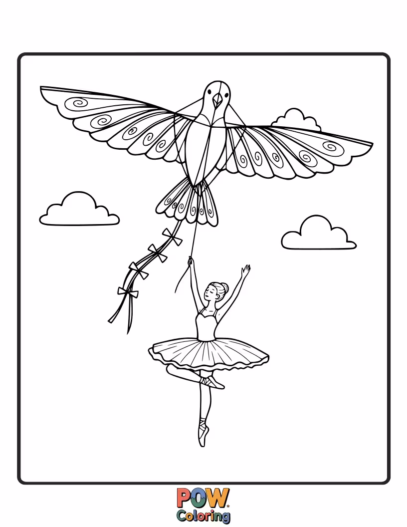 Free coloring page of A joyful ballerina runs through a field, happily flying a colorful kite that matches her spirit.