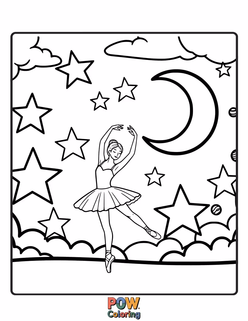 Free coloring page of A serene ballerina poses gracefully under a vast, starry night sky, her silhouette outlined by celestial light.