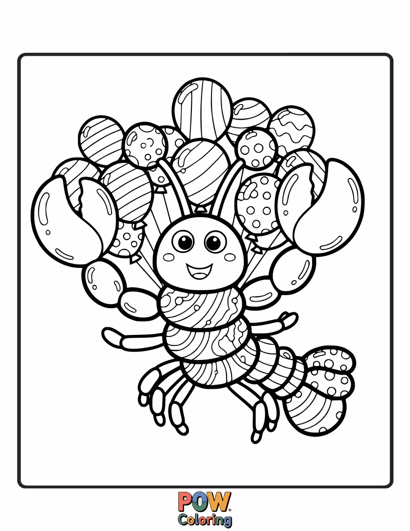 Free coloring page of A happy lobster gleefully holding a colorful bouquet of balloons, floating gently upwards towards the surface.