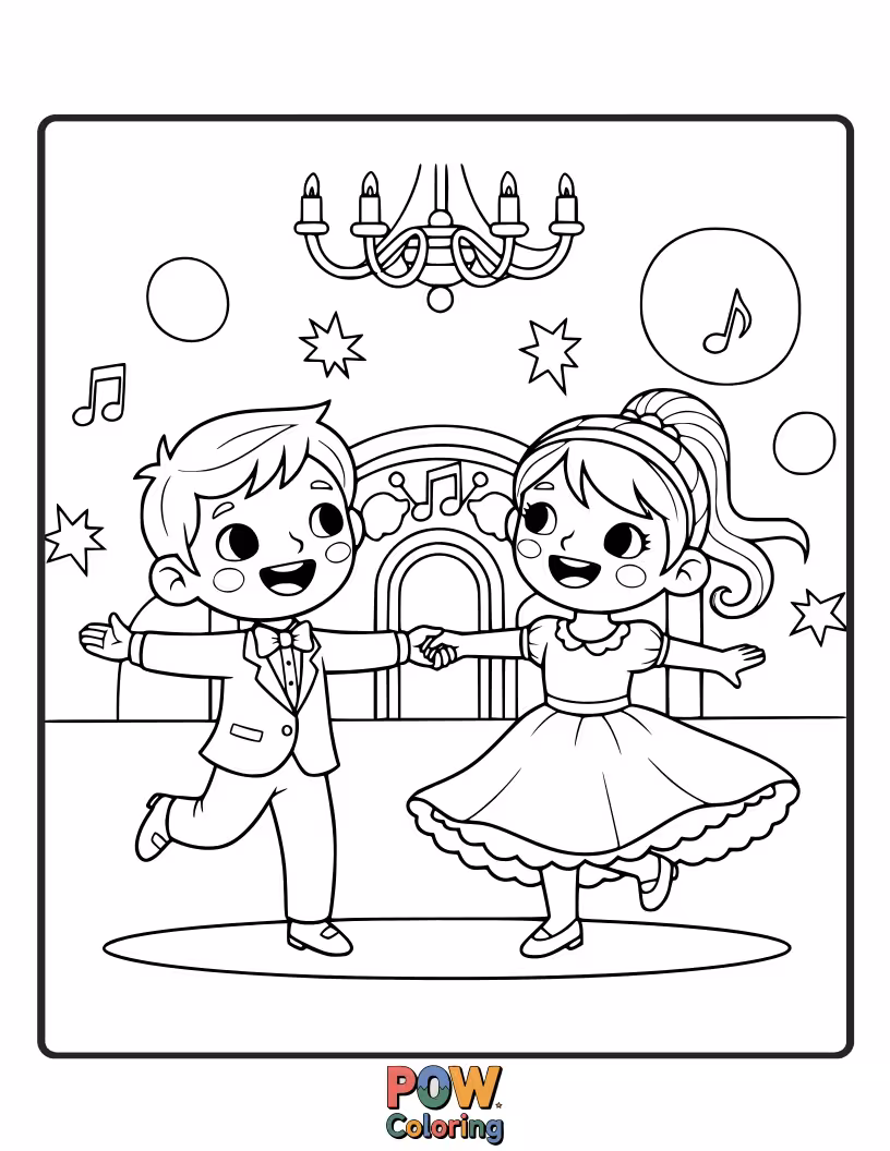 Free coloring page of Cinderella and Prince Charming twirling gracefully on the dance floor, lost in each other's eyes.
