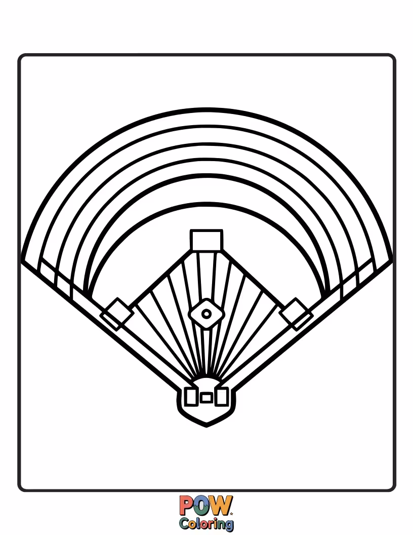 Free coloring page of A vibrant baseball diamond made of colorful rainbow arcs, with a happy baseball sitting at home plate, ready for play.