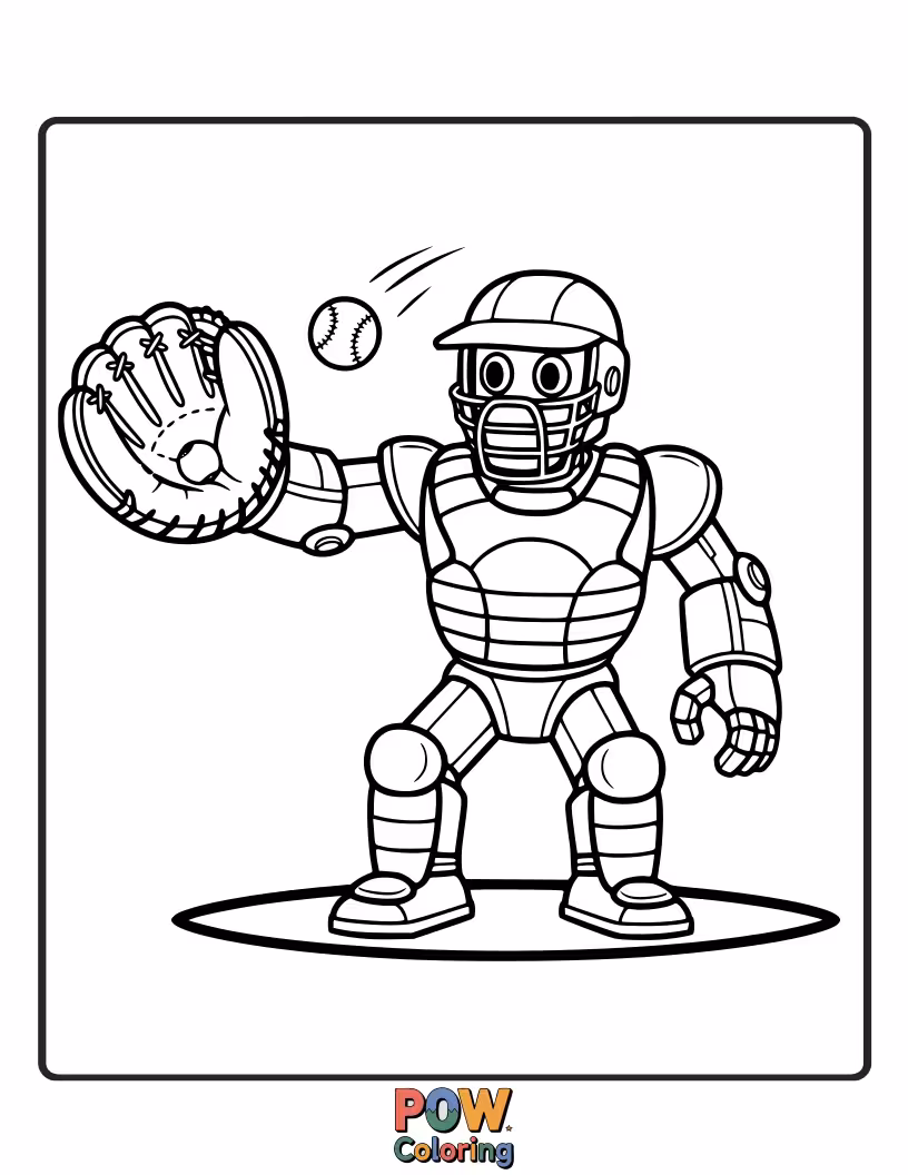 Free coloring page of A futuristic robot catcher with extendable arms and glowing eyes, expertly catching a laser beam baseball.