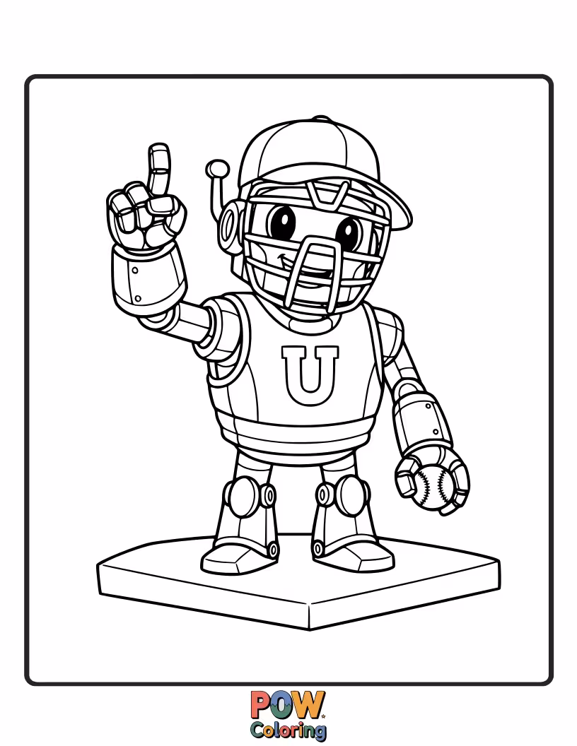 Free coloring page of A stern but fair robot umpire with flashing lights, calling a strike with a robotic arm extended towards the batter.