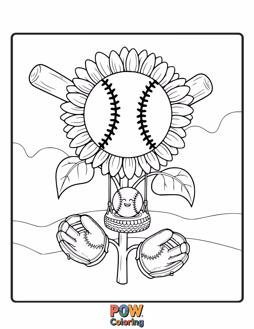 Free coloring page of A cheerful sunflower with a baseball cap, gracefully swinging a stem-like bat at a giant, happy baseball seed.