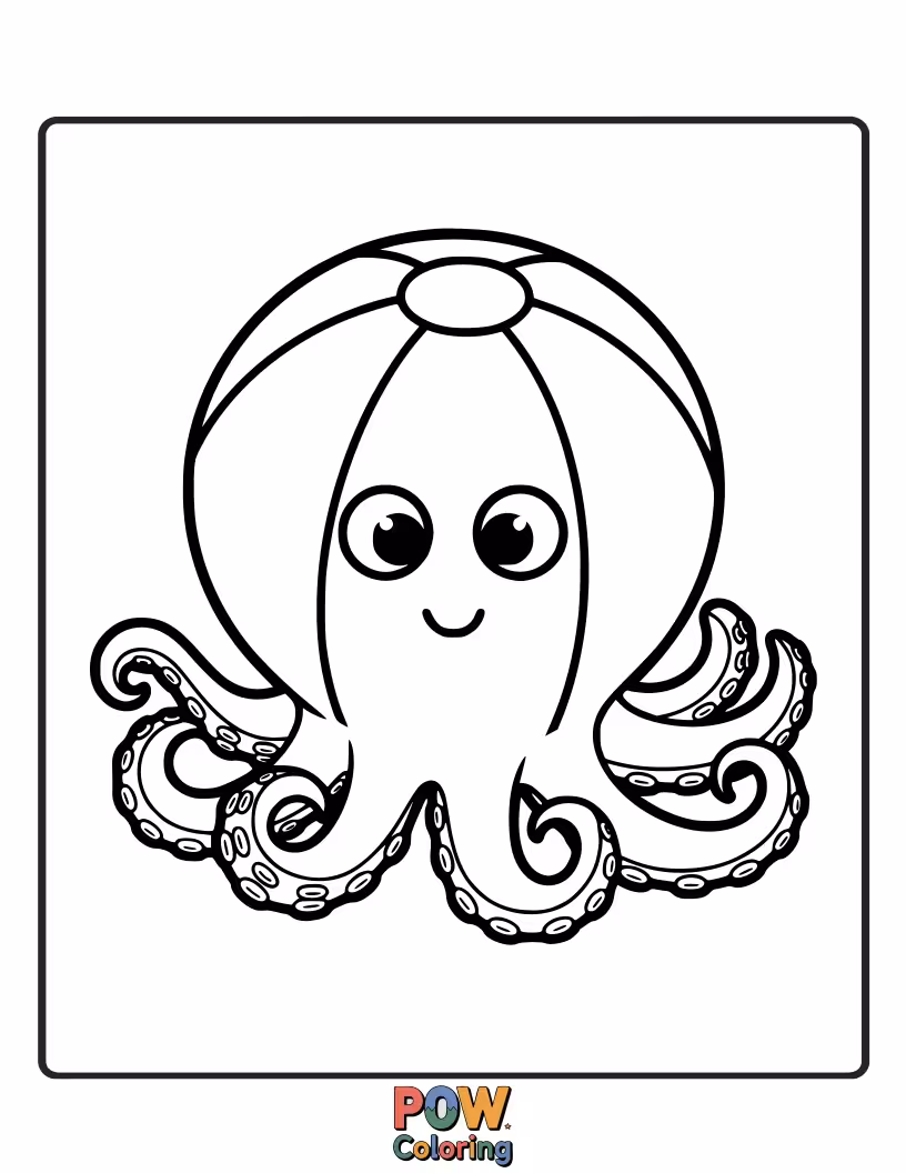 Free coloring page of A cheerful octopus juggling several colorful beach balls with its tentacles near the sparkling ocean water.