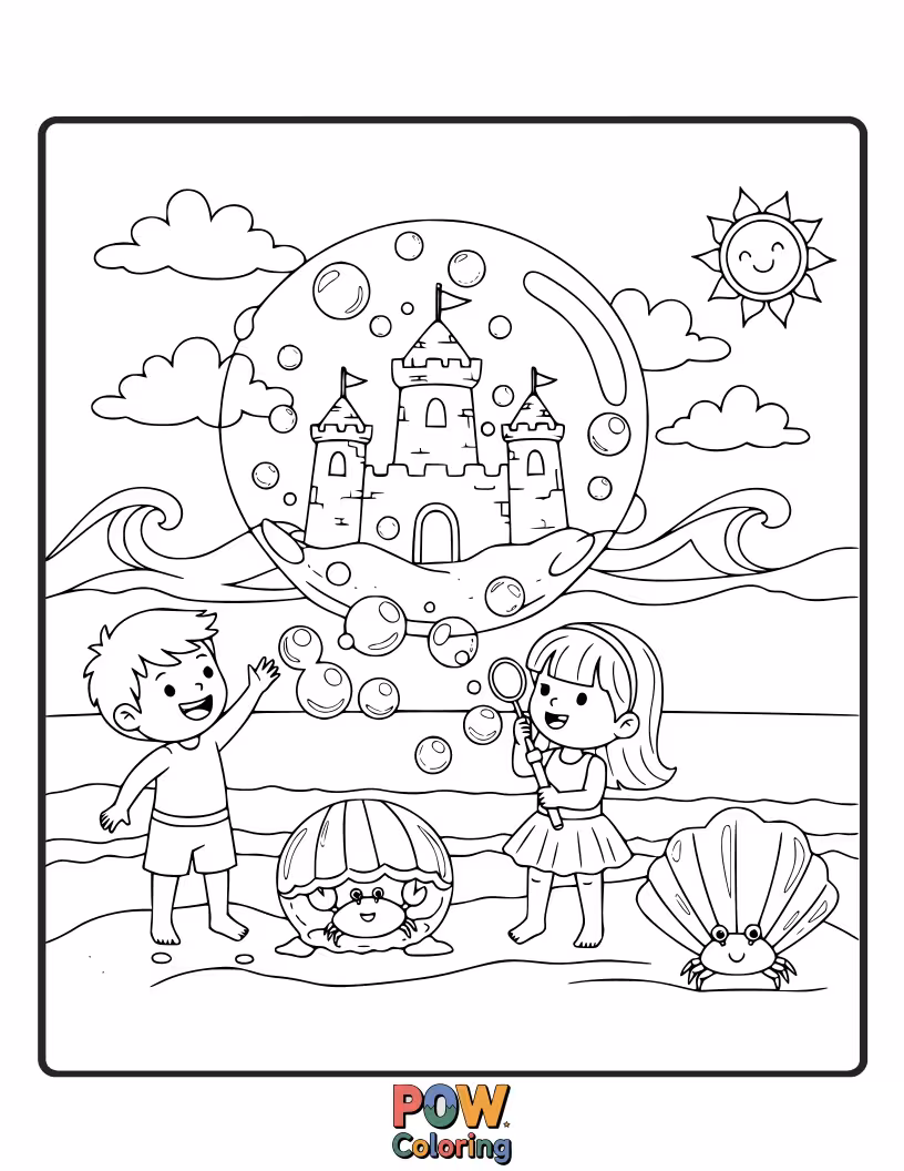Free coloring page of A child blowing colorful, giant bubbles that float joyfully over a sunny, picturesque beach.
