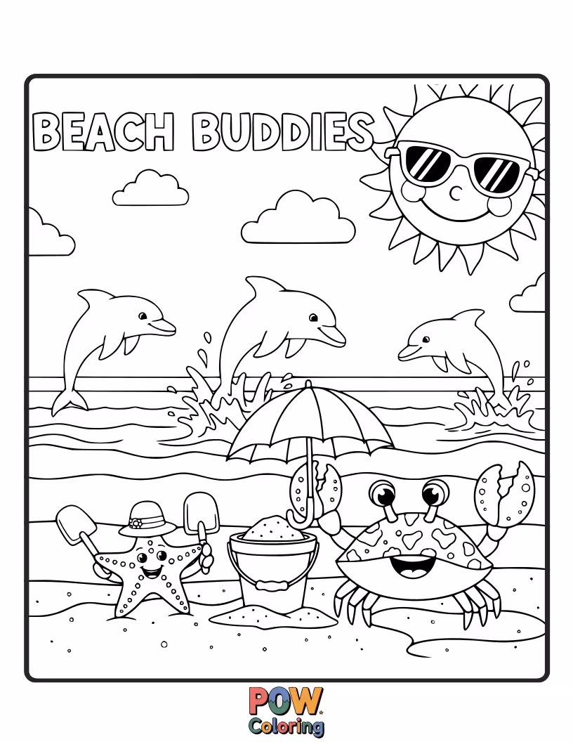 Free coloring page of Two adorable sea creatures, a smiling starfish and a cheerful crab, having a fun day playing in the gentle ocean waves.