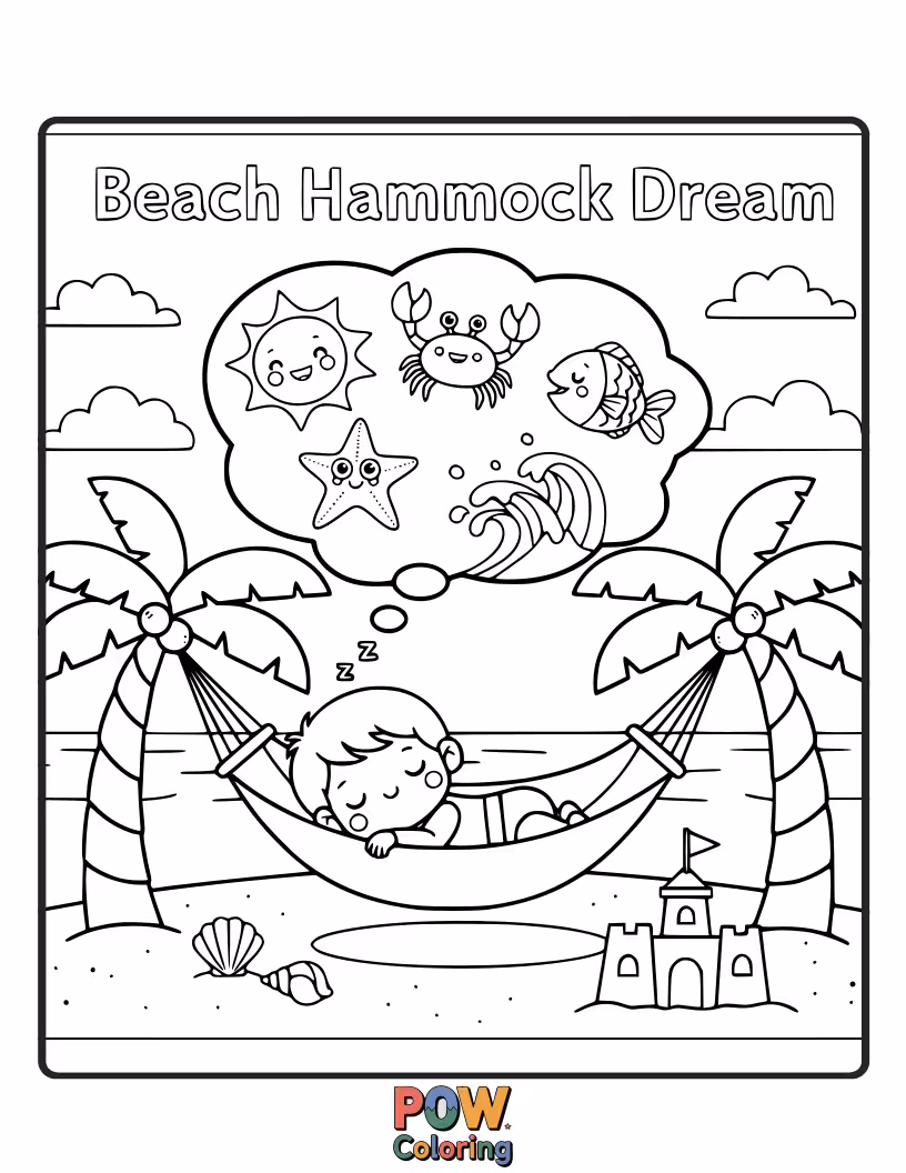Free coloring page of A cozy hammock strung between two palm trees, inviting relaxation on a peaceful, sunny beach.