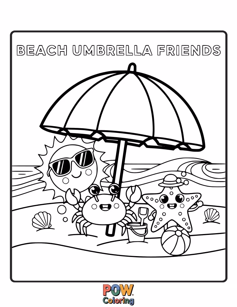 Free coloring page of A group of cute little chicks huddling under a large, colorful beach umbrella for shade and fun.