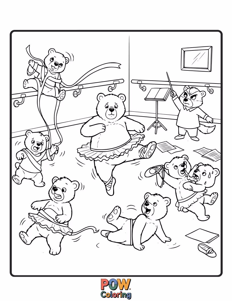 Free coloring page of Several bears of different sizes in various tutus are hilariously attempting ballet poses in a chaotic dance class. Bear-illiant fun!