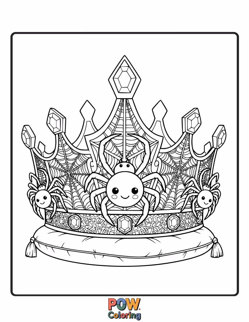 Free coloring page of A regal spider wearing an ornate, jeweled crown, exuding grace. Encourages sophisticated and majestic coloring.