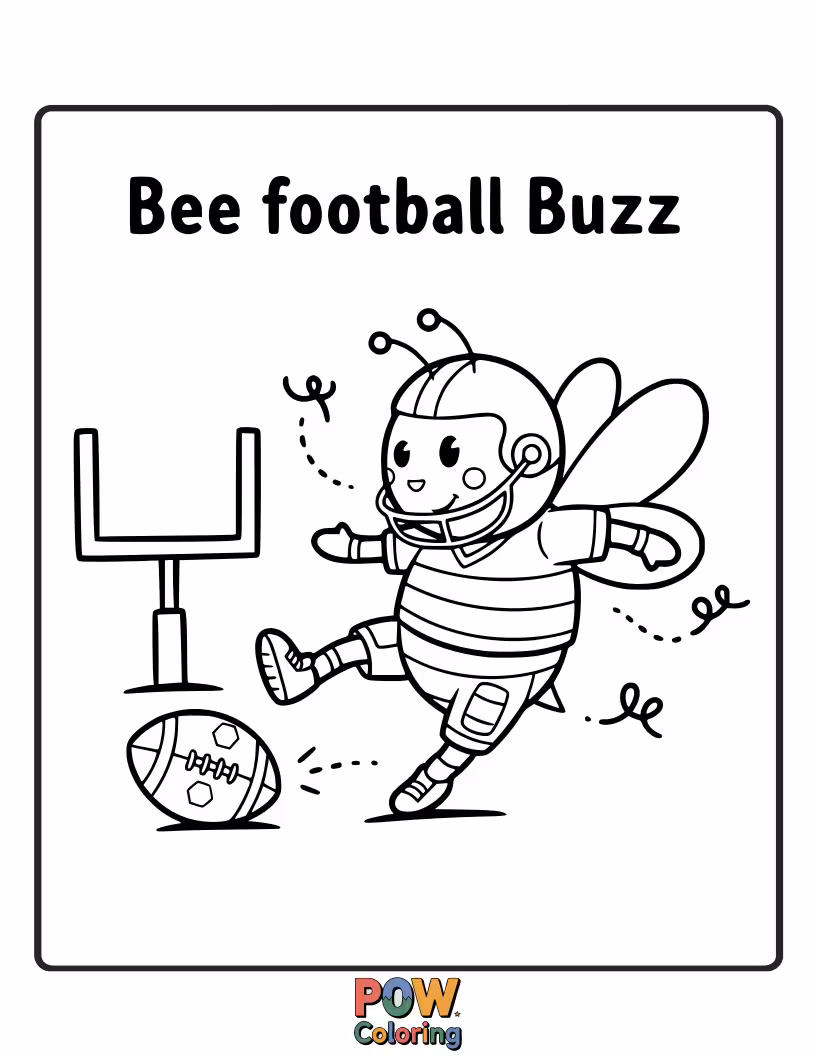 Free coloring page of A busy bee wearing a tiny helmet, delivering a football with a determined buzz. Industrious and cute.