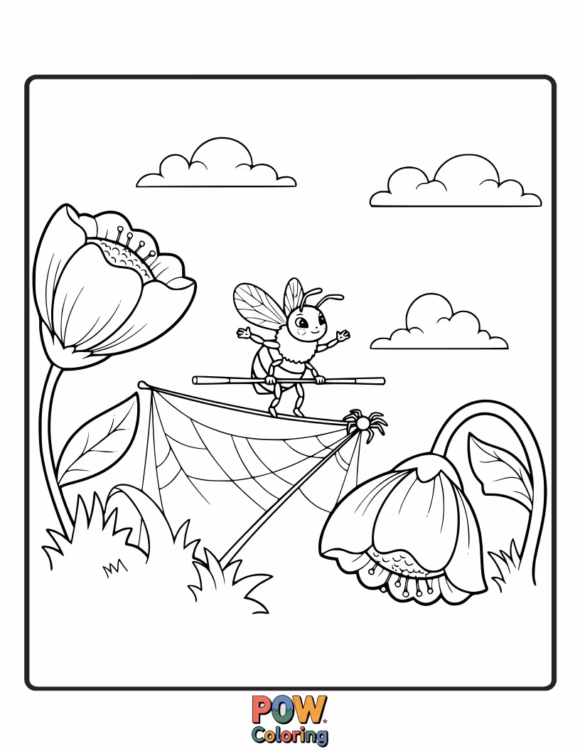 Free coloring page of A tiny bee gracefully walking across a delicate balance beam made of flower petals, practicing its focus.