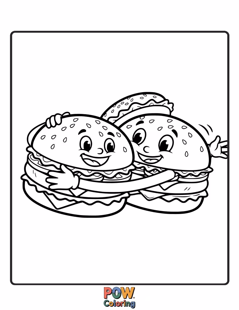 Free coloring page of Two Big Mac burgers hugging with smiling faces and visible layers of beef, cheese, and lettuce.