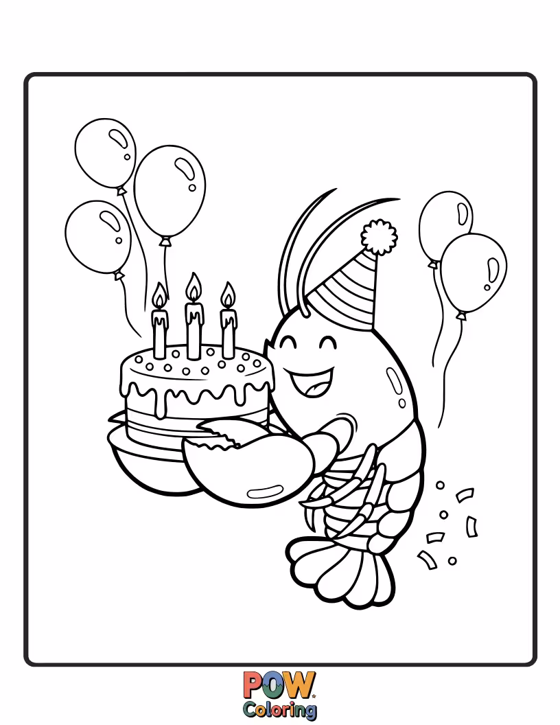 Free coloring page of A festive lobster wearing a party hat and blowing out candles on a cake, surrounded by confetti.