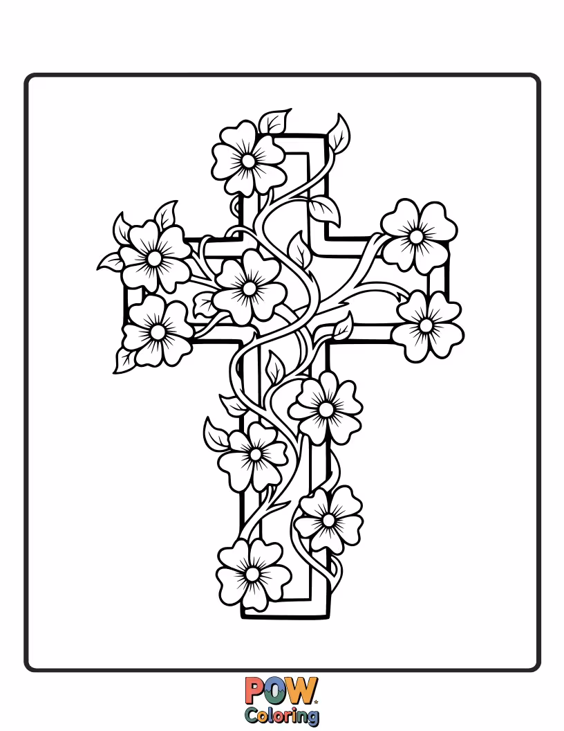 Free coloring page of A beautiful cross entwined with delicate vines and small blossoms, showcasing nature's intricate beauty.