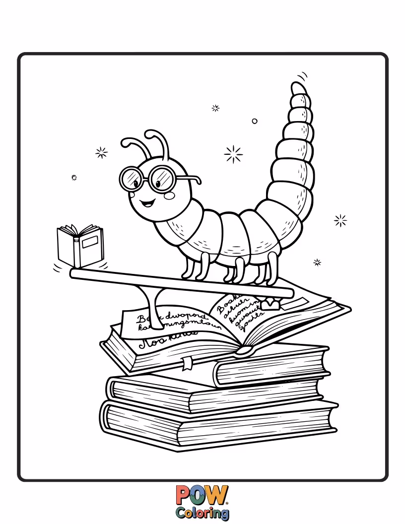 Free coloring page of Books and reading-themed characters performing elegant balances and leaps on stacks of knowledge and stories.