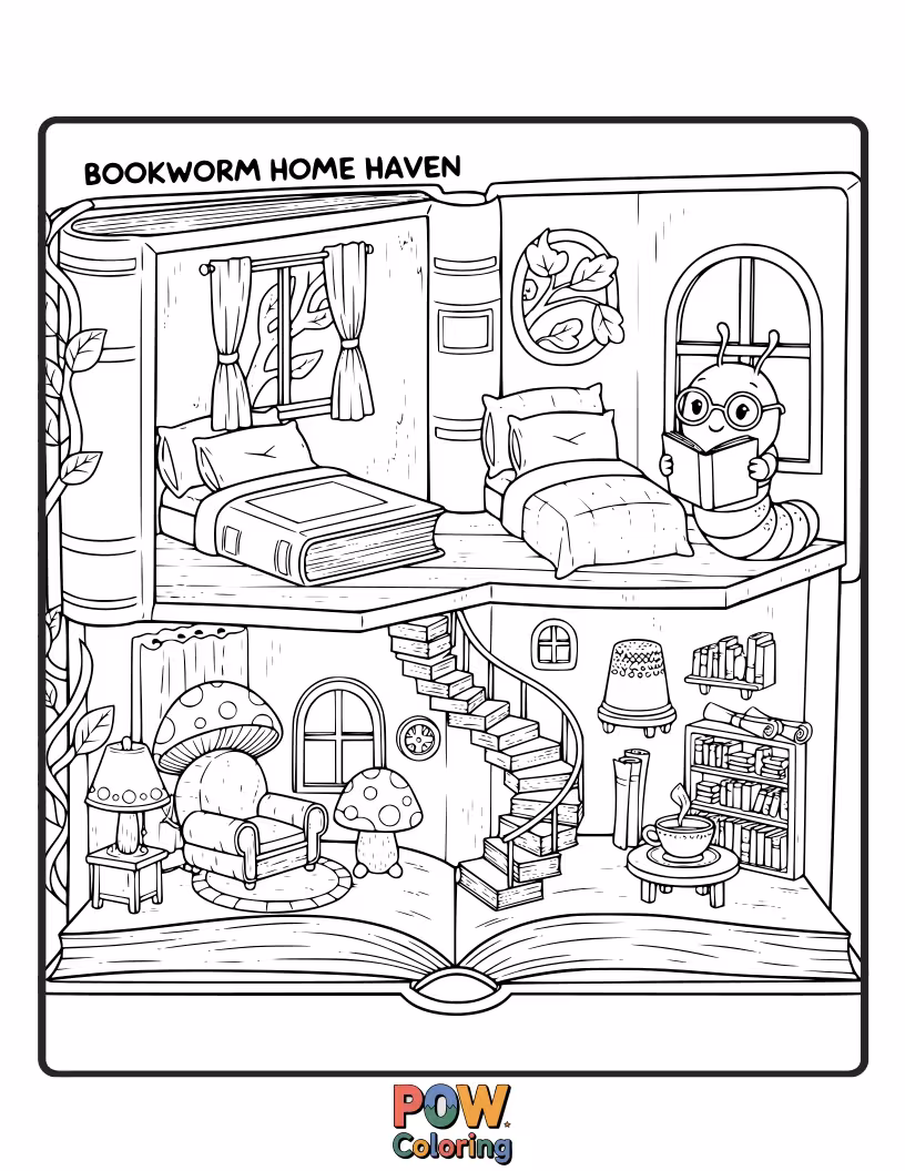 Free coloring page of A cozy reading nook with overflowing bookshelves, a comfy armchair, and a steaming mug of tea. Pure relaxation!