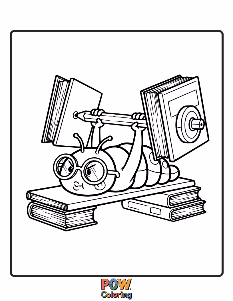Free coloring page of A studious bookworm wearing glasses, lifting a stack of books as if they were dumbbells on a gym bench.